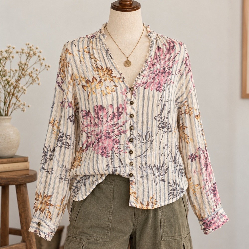 Pilcro Anthropologie Boho Top Sz S Floral Stripe Cotton Cottagecore Oversized